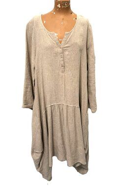 Emmanuel Lagenlook Medium Tan Linen Dress Boutique Artsy Bohemian Luxury EUC!